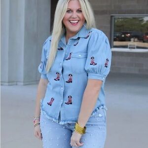 Embroidered Light Blue Button Down Shirt